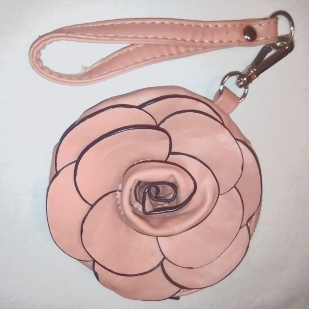 Leather Rose Pouch Wristlet Purse & Key Holder